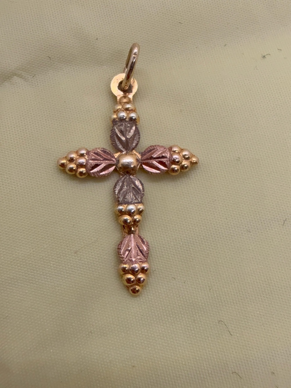 10K Black Hills Gold Tri-Color Cross Pendant Rose Gold Leaves Vintage Style